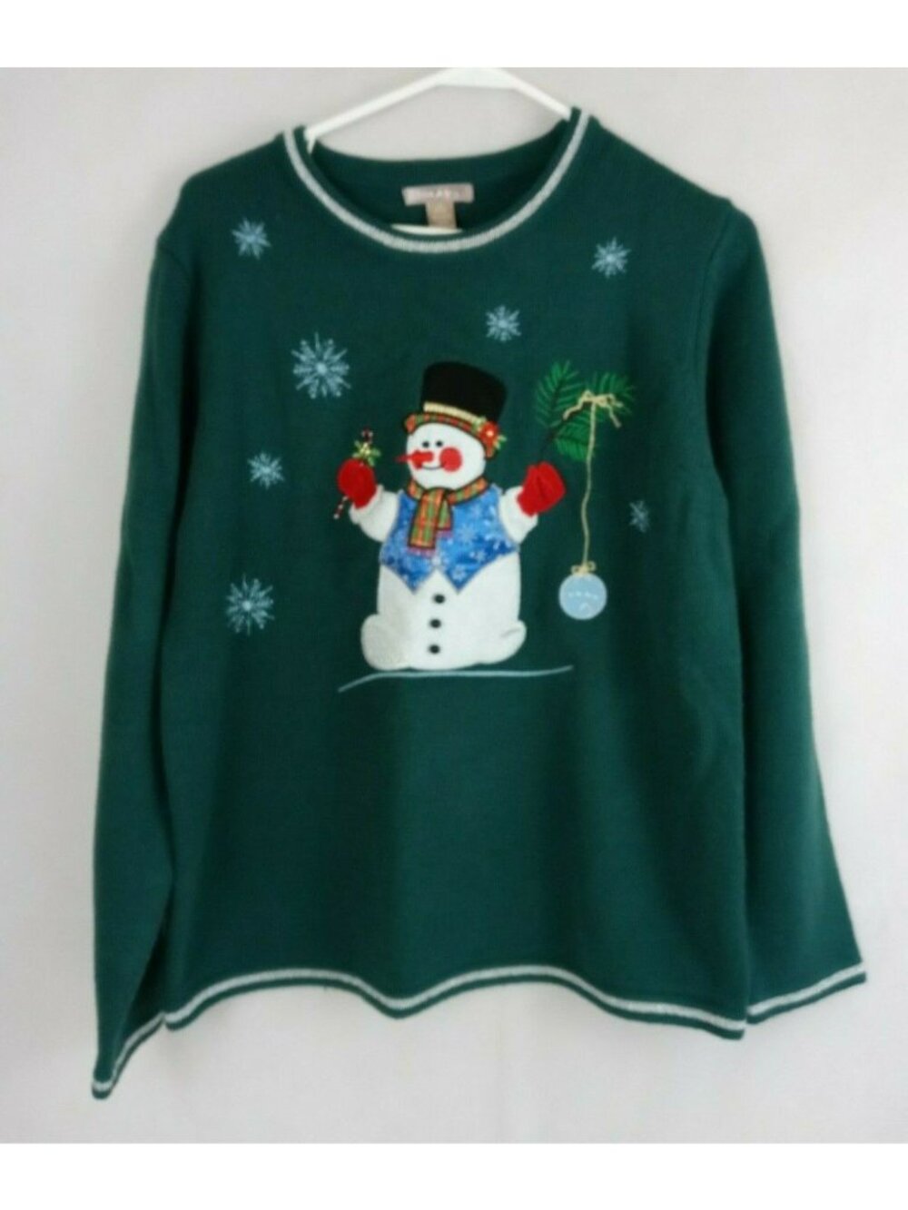 White Stag Christmas Green Embroidered Metallic Snowman Sweater Size Large 12/14